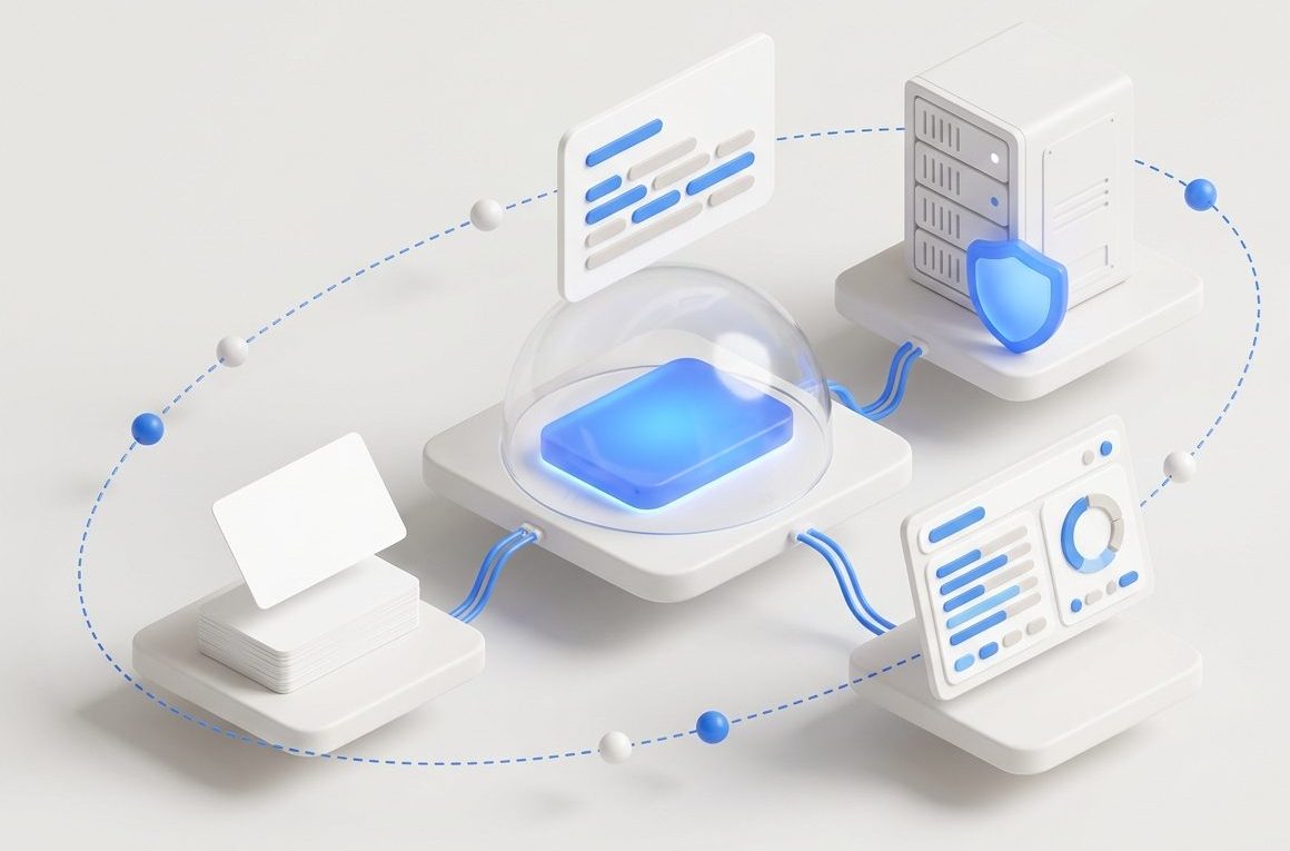 Isometric diagram showing paper business cards turning into structured data, held safely on the customer's own server and flowing through to a CRM dashboard