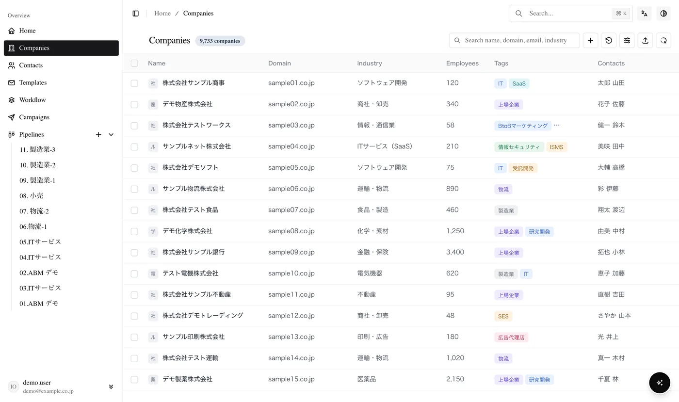 Search Japanese companies by industry, region and size, prioritise the ones with a website or a public email address, and import only those you want into your CRM.