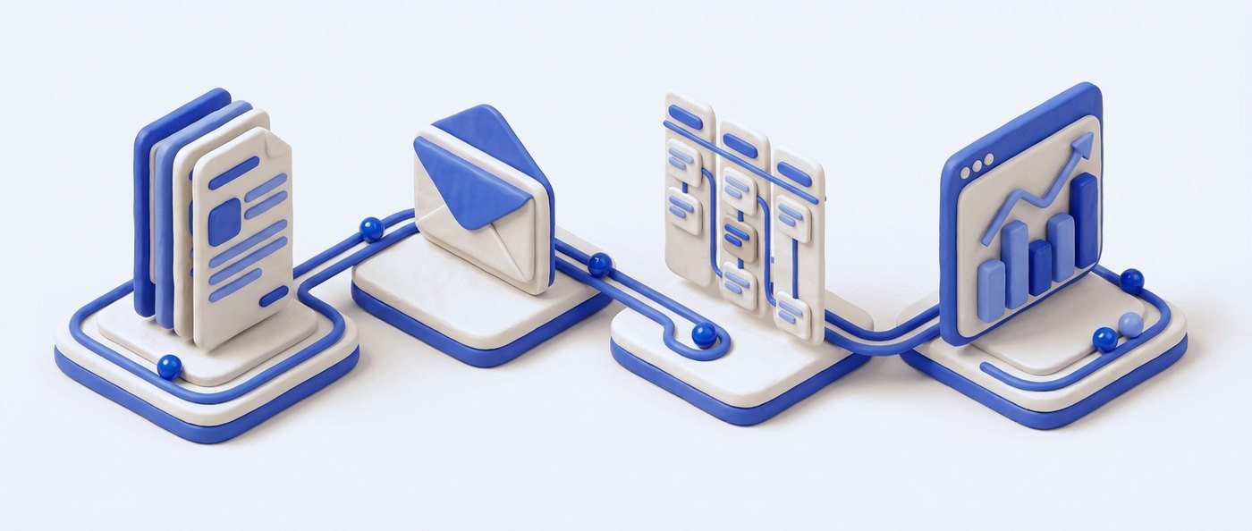 Minh hoạ isometric: các module bán hàng nối nhau trên một bệ, vẫn chạy sau khi bàn giao
