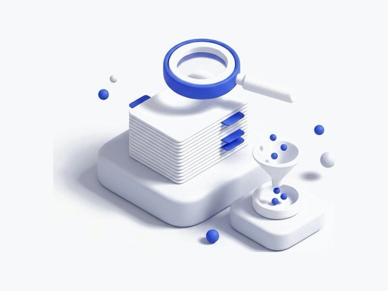 Minh hoạ isometric: chồng hồ sơ doanh nghiệp dưới kính lúp, đi qua phễu lọc
