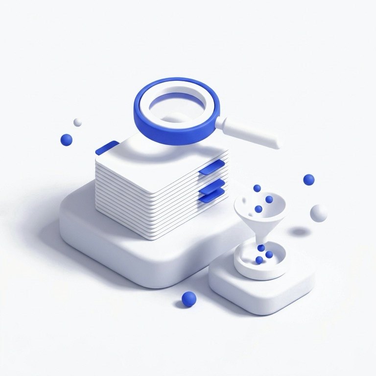Minh hoạ isometric: chồng hồ sơ doanh nghiệp dưới kính lúp, đi qua phễu lọc