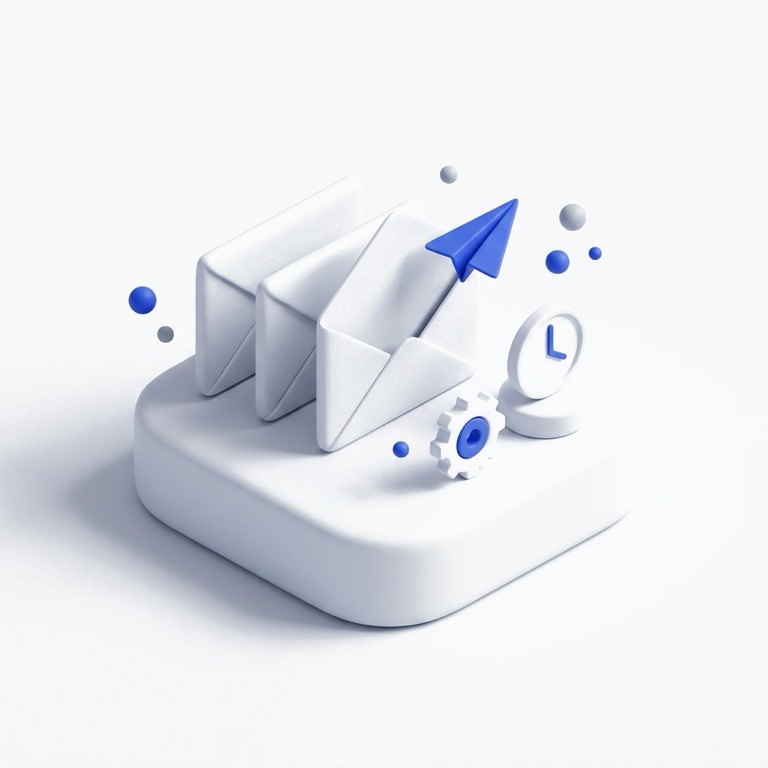 Minh hoạ isometric: ba email xếp hàng cùng bánh răng và đồng hồ, máy bay giấy bay lên từ phong bì đầu