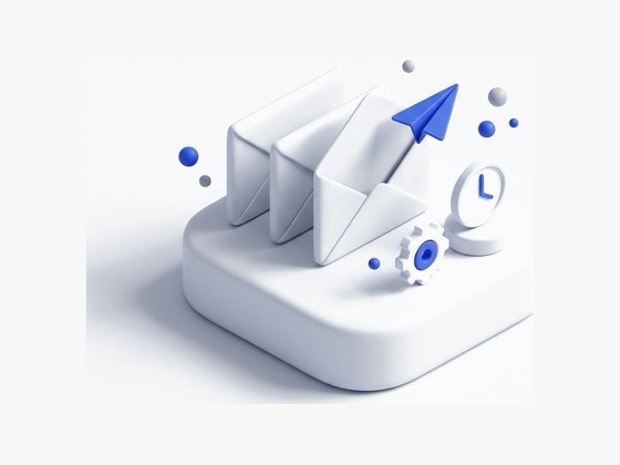Minh hoạ isometric: ba email xếp hàng cùng bánh răng và đồng hồ, máy bay giấy bay lên từ phong bì đầu