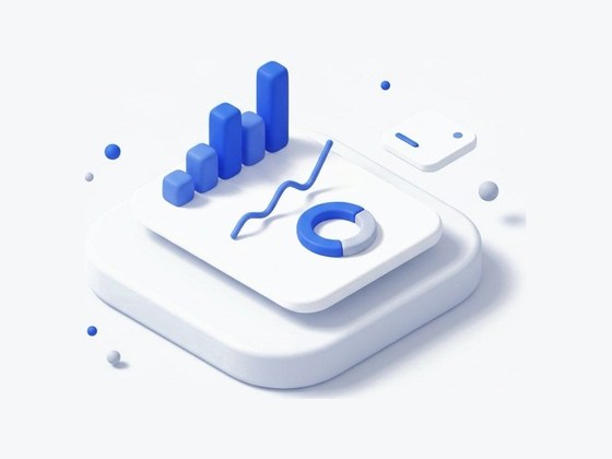 Minh hoạ isometric: bảng dashboard với biểu đồ cột, đường tăng và biểu đồ vành khuyên