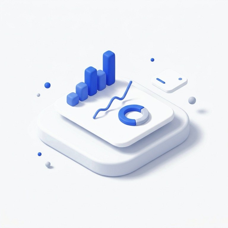 Minh hoạ isometric: bảng dashboard với biểu đồ cột, đường tăng và biểu đồ vành khuyên